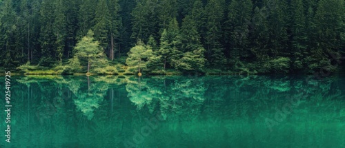 A serene lake reflecting a dense forest under a calm atmosphere. The main colors are green and turquoise.