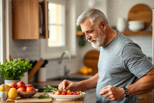 kitchen food man healthy morning mature breakfast active fitness diet home healthy senior adult lifestyle fruit sport fit health eating preparation nutrition middle aged