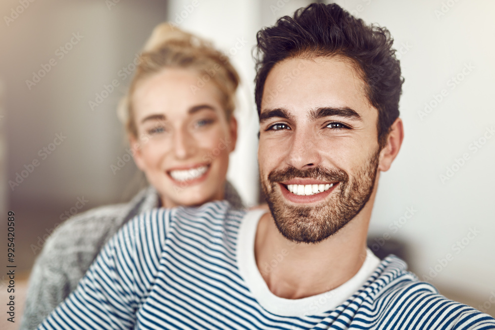 Couch, portrait and couple together in living room for bonding, care and affection for romance in home. Woman, man and happy in lounge, apartment or house for weekend relaxing rest on sofa with smile Couch, portrait and couple together in living room for bonding, care and affection for romance in home. Woman, man and happy in lounge, apartment or house for weekend relaxing rest on sofa with smile
