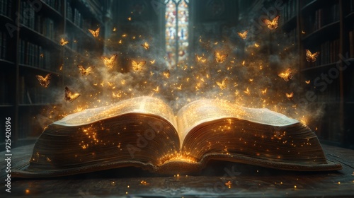 Magical book in ancient library - generative ai photo