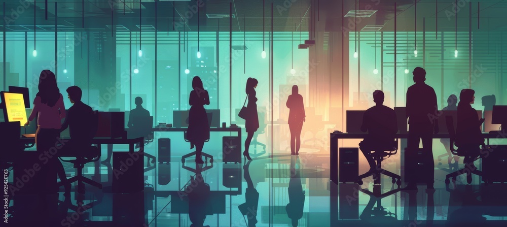 Modern Office with Dark Atmosphere and Shadowy Figures Symbolizing Workplace Toxicity Modern Office with Dark Atmosphere and Shadowy Figures Symbolizing Workplace Toxicity