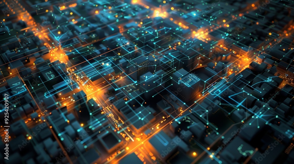 Aerial View of a Connected City at Night Highlighting Wireless Communication Networks Aerial View of a Connected City at Night Highlighting Wireless Communication Networks