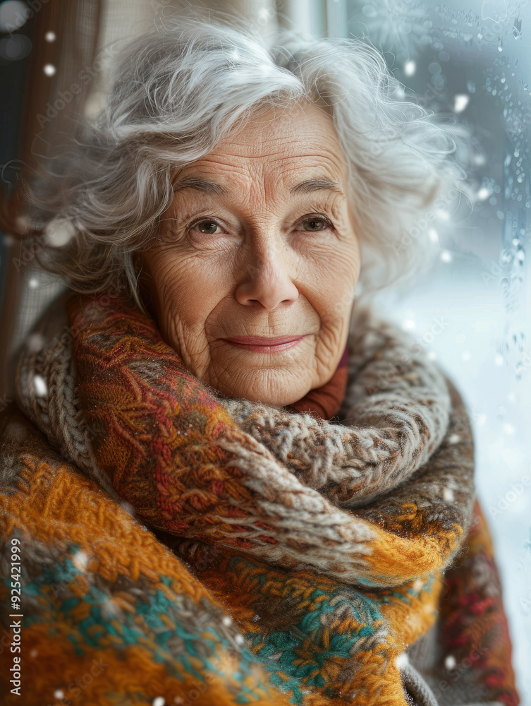 Elderly woman wrapped in warm scarf gazing outside window. Elderly woman wrapped in warm scarf gazing outside window.