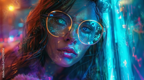 Wallpaper Mural bioluminescent girl in big glasses on street leaning against window, looking at camera, magic light, neon watercolor Torontodigital.ca