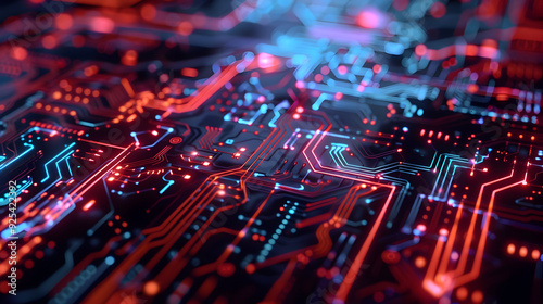 Abstract 3D Circuit Board Background with Red and Blue Lights