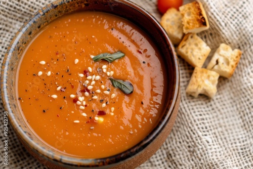 Fresh Tomato Basil Soup Served With Croutons and Cherry Tomatoes on a Linen T...
