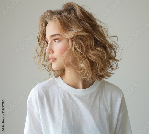 Young Woman With Curly Hair Posing Against a Light Background