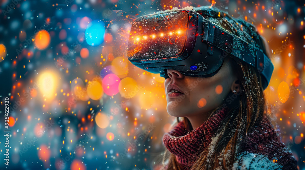 Young Woman Experiencing Virtual Reality in a Festive Winter Wonderland, Snowflakes and Colorful Lights Reflecting Technology Transformation at Night Young Woman Experiencing Virtual Reality in a Festive Winter Wonderland, Snowflakes and Colorful Lights Reflecting Technology Transformation at Night