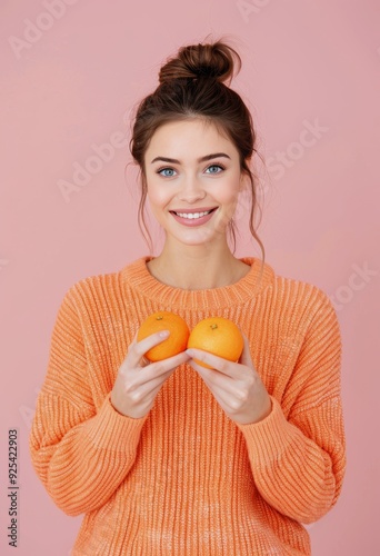 Young Woman in Yellow Sweater Holding Oranges Against Bright Yellow Background