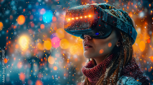 Young Woman Experiencing Virtual Reality in a Festive Winter Wonderland, Snowflakes and Colorful Lights Reflecting Technology Transformation at Night