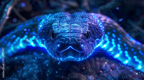 bioluminescent king cobra looking forward, close-up view, magic light, neon watercolor photo