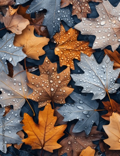 Autumn Leaves With Raindrops on Ground in a Forest Setting