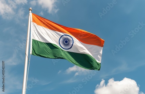 Indian National Flag Waving Against Clear Blue Sky