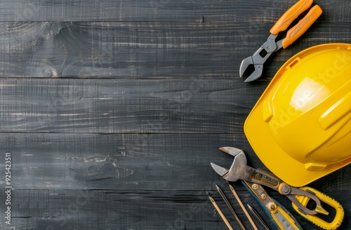 Construction Tools and Safety Helmet on Dark Wooden Surface in Workshop Setting