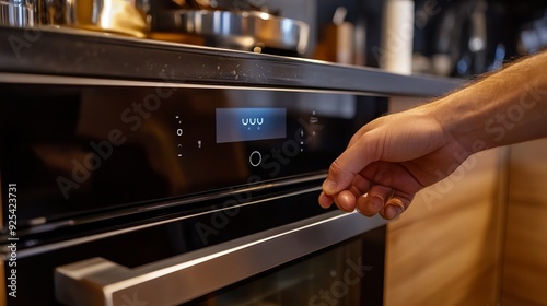 A hand lowering the door of a digital countertop oven photo