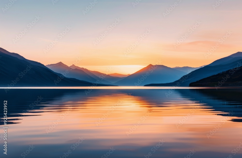 Serene Sunset Over Mountain Lake With Reflective Waters in Tranquil Landscape Serene Sunset Over Mountain Lake With Reflective Waters in Tranquil Landscape