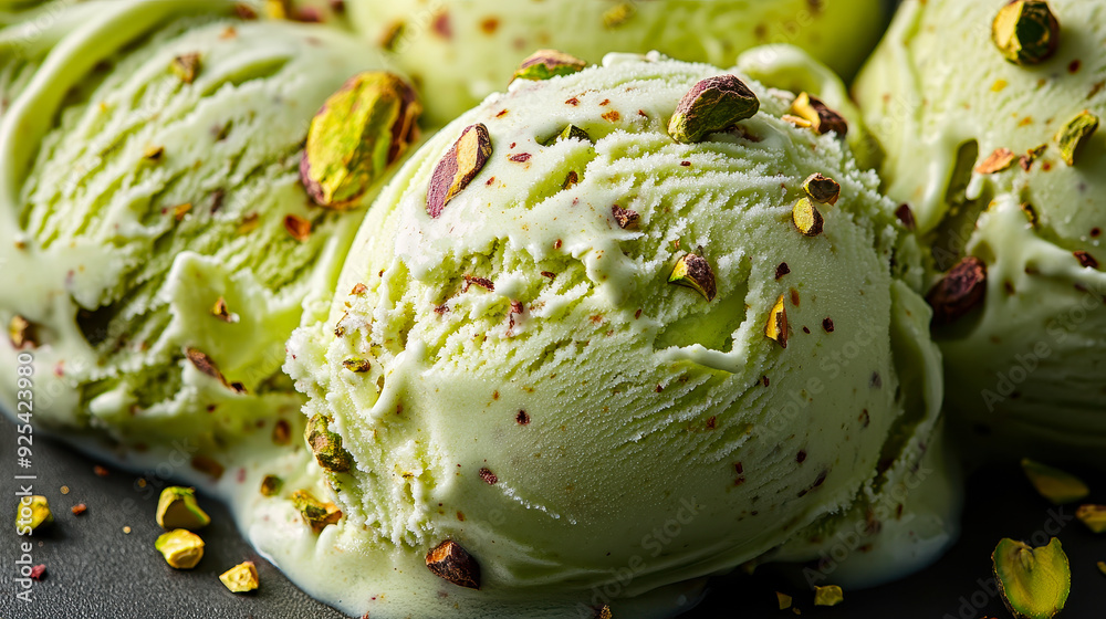 Fototapeta premium Creamy Close-Up of Pistachio Ice Cream with Nut Toppings on a Dark Background, Indulgent Dessert, Freshly Scooped, Delicious Summer Treat, Food Photography for Culinary and Sweet Cuisine Enthusiasts