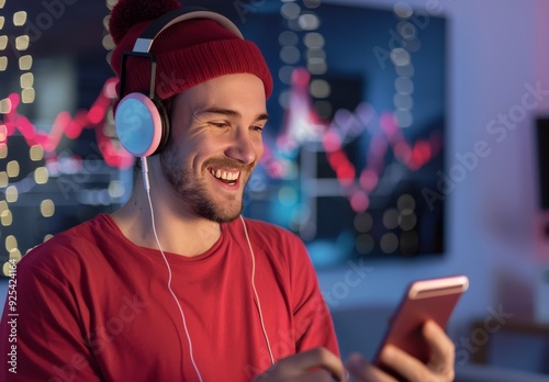 Young Man Smiling While Listening to Music on a Smartphone in a Cozy Room at ...