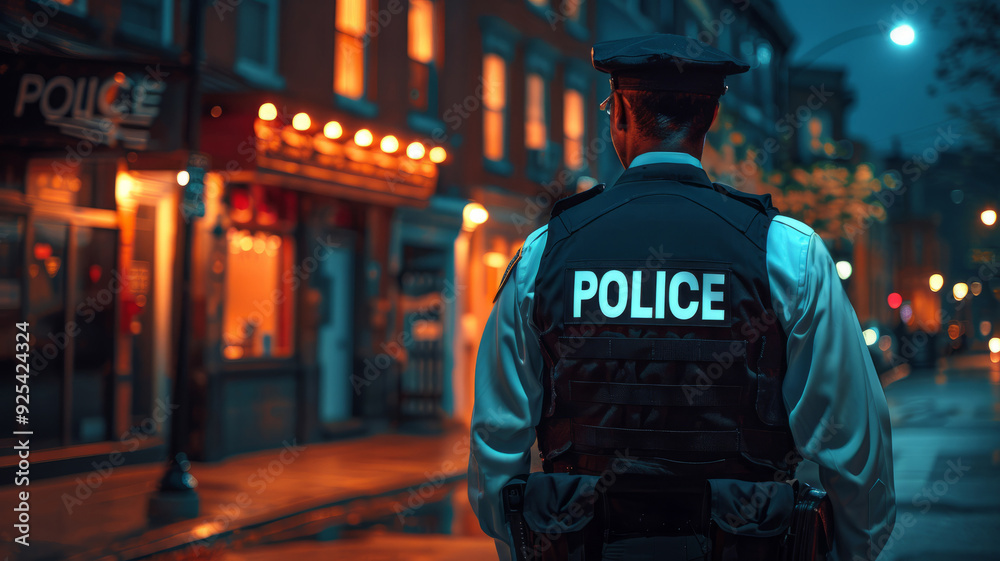 Police officer patrolling urban city street at night Police officer patrolling urban city street at night