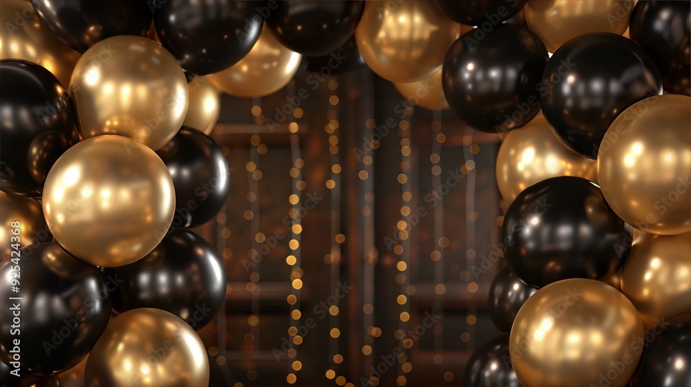Collection of Black and Gold Balloons Arranged in an Arch Framing an Entrance or Stage at a Formal Event, with Soft, Warm Lighting Highlighting the Metallic Sheen and Creating a Grand, Stylish Effect Collection of Black and Gold Balloons Arranged in an Arch Framing an Entrance or Stage at a Formal Event, with Soft, Warm Lighting Highlighting the Metallic Sheen and Creating a Grand, Stylish Effect