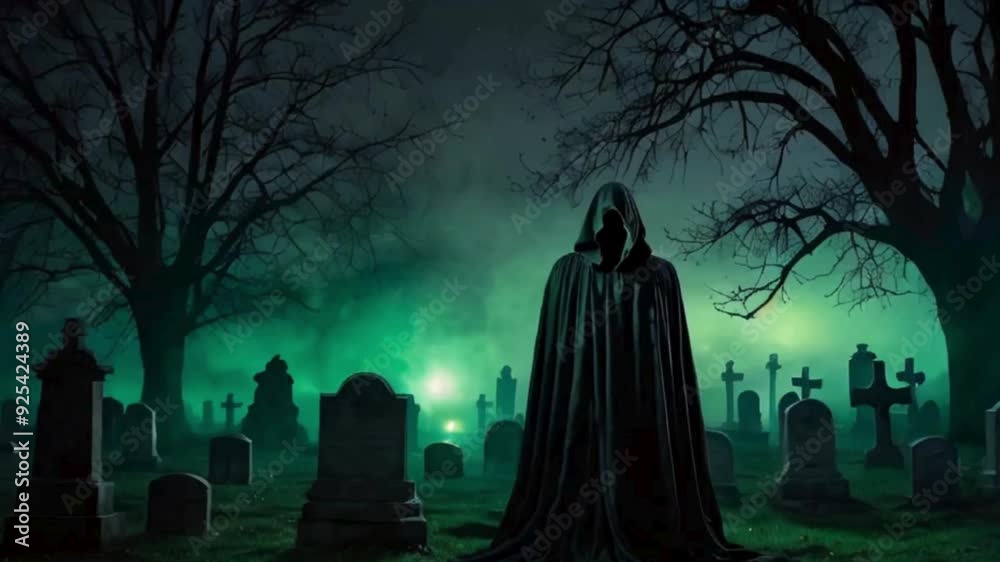 Figure in a Black Robe Standing in a Foggy Graveyard Figure in a Black Robe Standing in a Foggy Graveyard