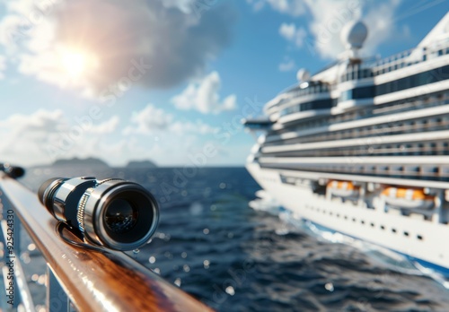 Cruise Ship Docked Near Scenic Horizon With Binoculars on Deck in Bright Suns...