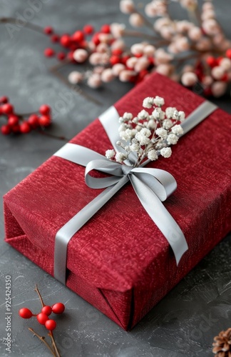 Elegant Purple Gift Box Decorated With Natural Accents on a Dark Surface