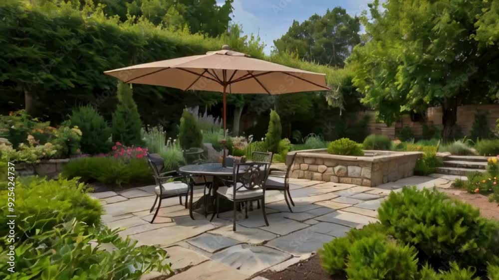 Stone Patio Dining Set with Umbrella in a Backyard Garden Stone Patio Dining Set with Umbrella in a Backyard Garden
