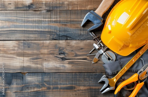 Construction Tools and Safety Gear on Wooden Workbench in Workshop