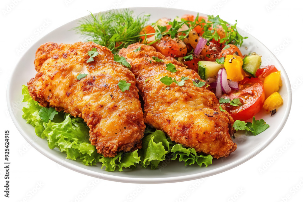 Delicious fried fish fillets served on a bed of fresh lettuce alongside a colorful salad, transparent background Delicious fried fish fillets served on a bed of fresh lettuce alongside a colorful salad, transparent background