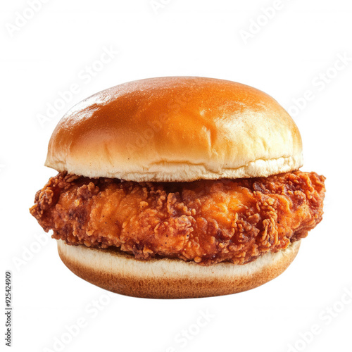 Delicious crispy fried chicken sandwich with a soft bun, transparent background