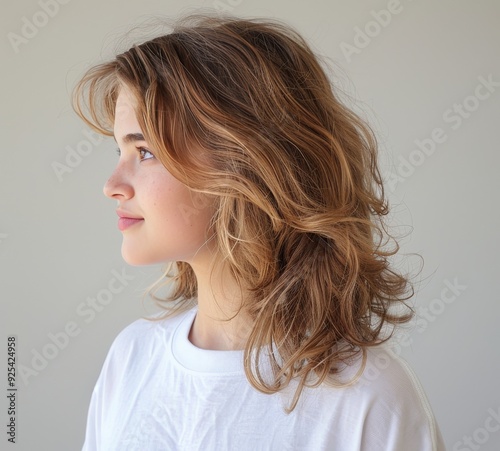 Young Woman With Curly Hair Posing Against a Light Background