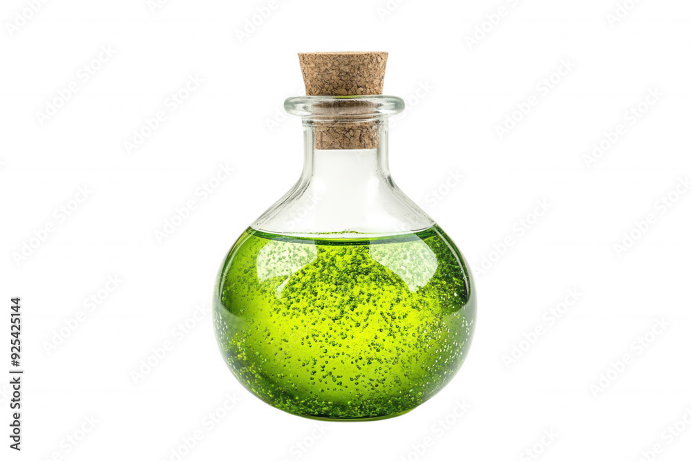 A vibrant green liquid in a glass flask, transparent background