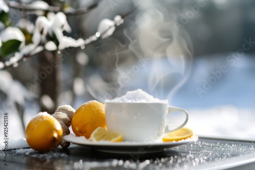 Warm Ginger Tea With Lemon Slices Surrounded by Snow in Winter