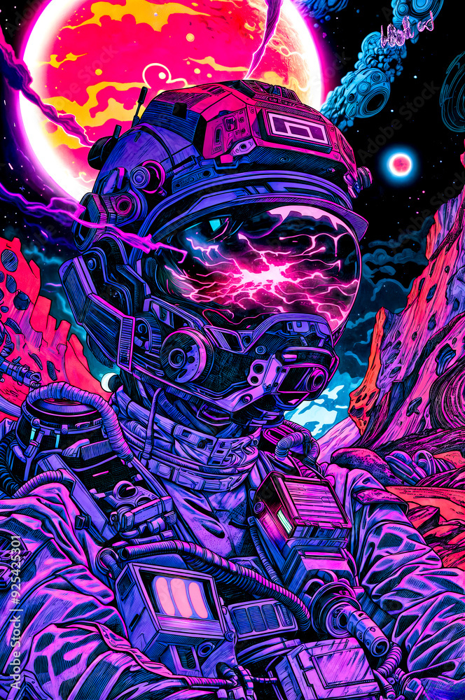Man in space suit holding cell phone in front of colorful background. Man in space suit holding cell phone in front of colorful background.