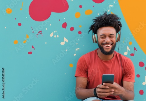 Young Man Smiling While Listening to Music on a Smartphone in a Cozy Room at ...