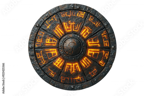 A mystical stone shield featuring glowing symbols in a circular design, transparent background