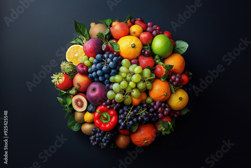 A Vibrant and Colorful Assortment of Fresh Fruits Displayed on a Dark Background. display of assorted fresh fruits that are perfect for promoting healthy lifestyle imagery. World Vegetarian Day