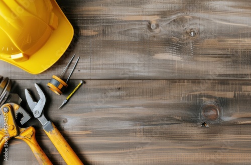 Construction Tools and Safety Helmets on Wooden Surface in a Workshop