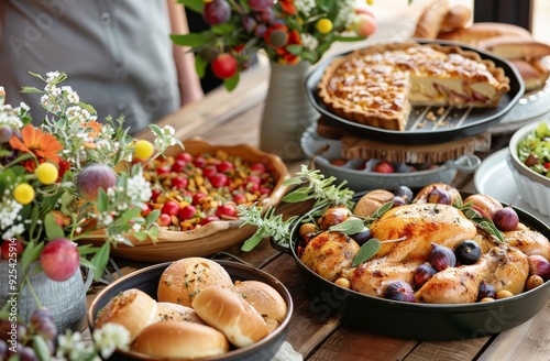 Autumn Feast With Roasted Chicken, Fresh Bread, And Seasonal Vegetables