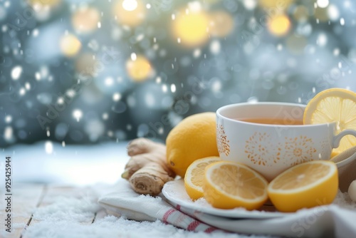 Warm Ginger Tea With Lemon Slices Surrounded by Snow in Winter
