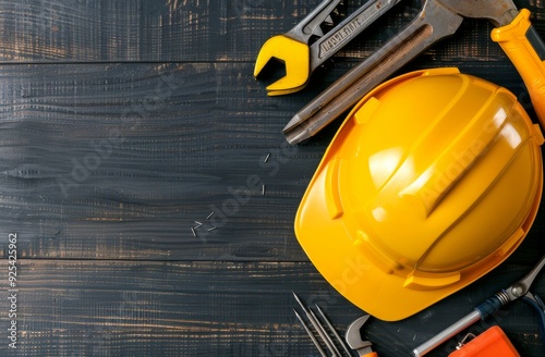 Construction Tools and Safety Helmet on Dark Wooden Surface in Workshop Setting