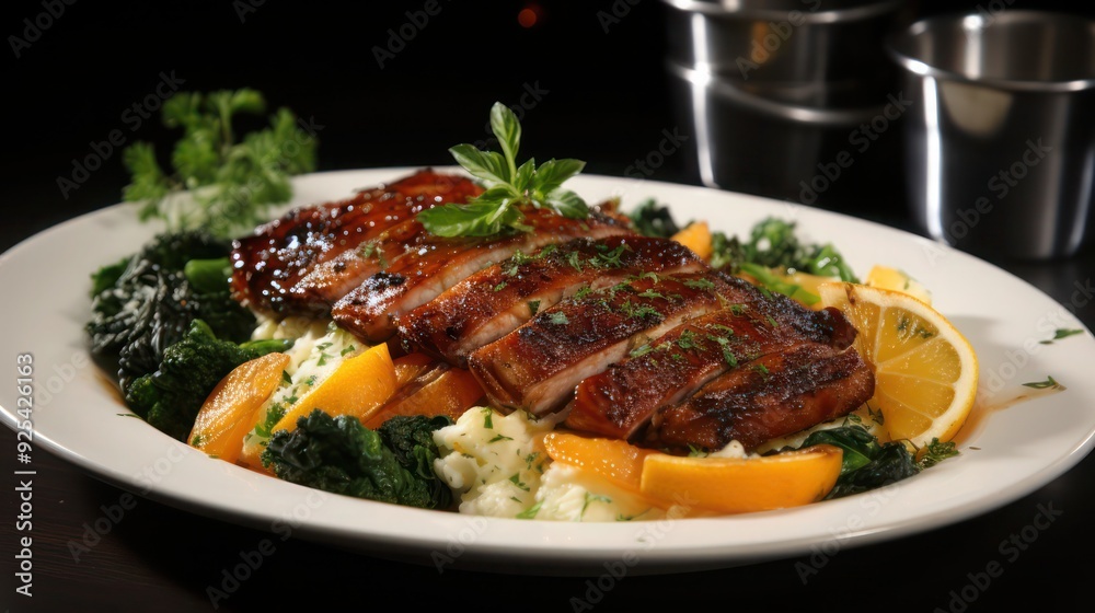 a sumptuous serving of glazed orange duck meat served with greens and slices of oranges a sumptuous serving of glazed orange duck meat served with greens and slices of oranges