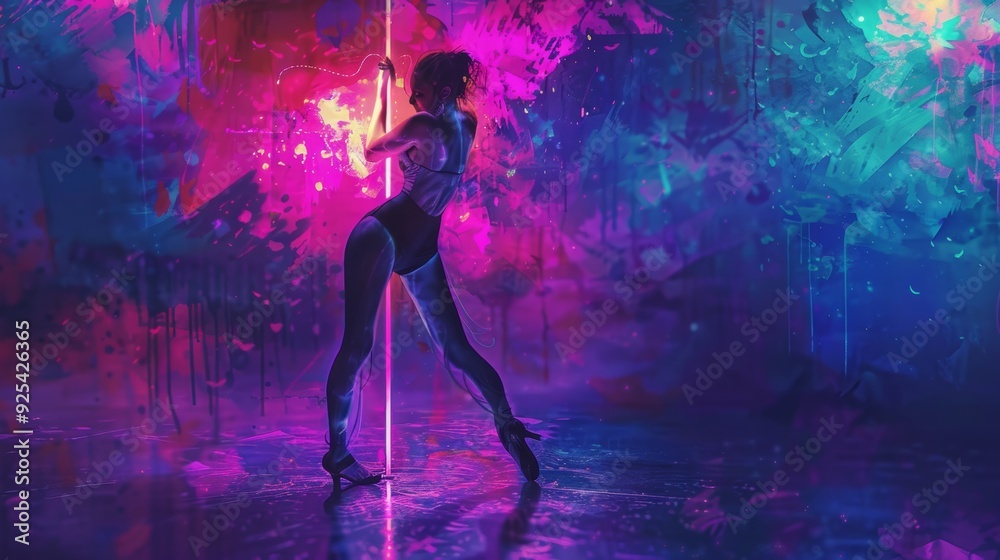 bioluminescent pole dancer, young woman on high heels, close-up view, magic light, neon watercolor bioluminescent pole dancer, young woman on high heels, close-up view, magic light, neon watercolor