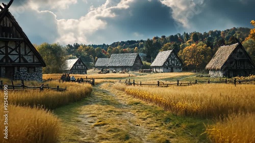 Traditional medieval village with thatched roof houses in a serene countryside, historical rural life in Europe
