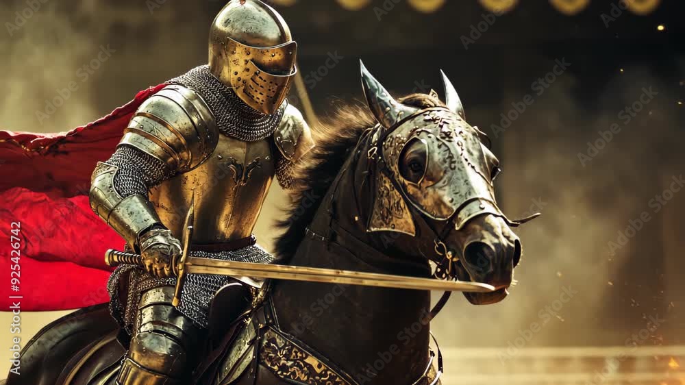 Medieval knight in full armor on horseback, charging into battle with sword, medieval warfare and chivalry in action