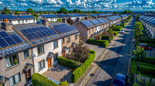 Row of houses with lot of solar panels on top of them. photo