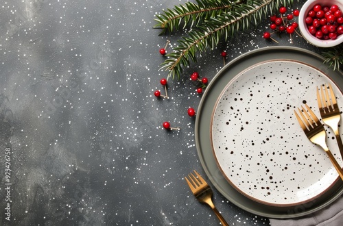 Elegant Black Plate Set for Holiday Feast With Pine and Berries Decor
