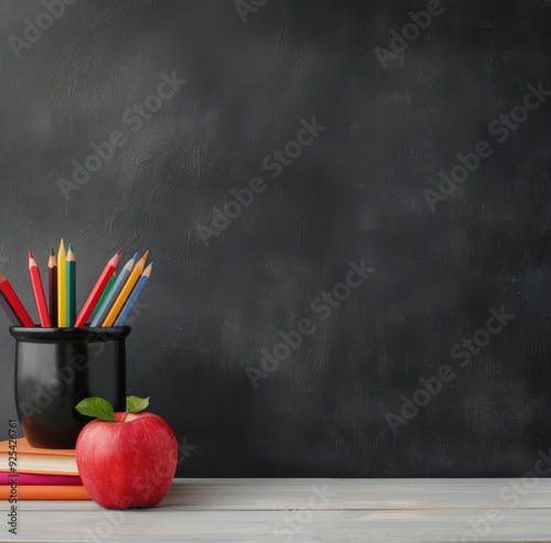 Colorful Pencils and Red Apple on Stacked Books Before Chalkboard