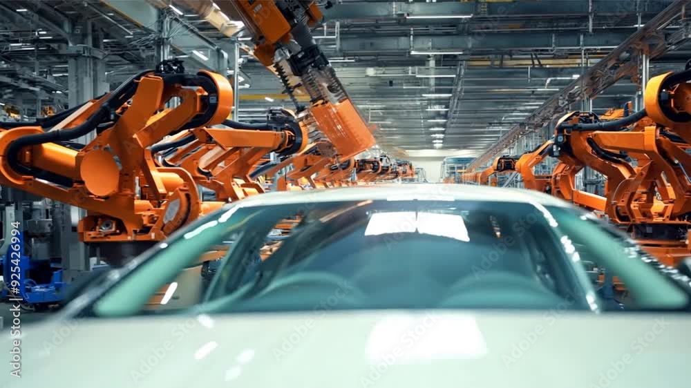Automated Assembly Line: A futuristic automotive factory, showcasing a car being assembled by a row of robotic arms in a sleek, modern setting. The image captures the efficiency and precision of moder Automated Assembly Line: A futuristic automotive factory, showcasing a car being assembled by a row of robotic arms in a sleek, modern setting. The image captures the efficiency and precision of moder